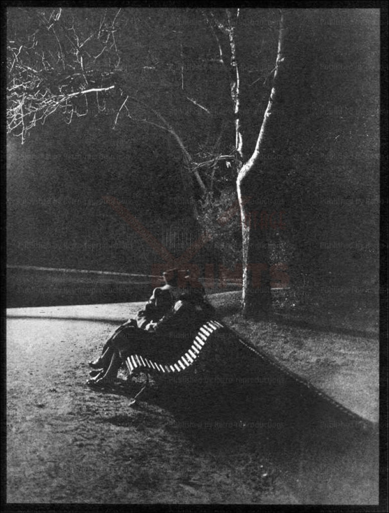 Brassai - Vintage Art, two lovers kissing on a bench Paris by Night