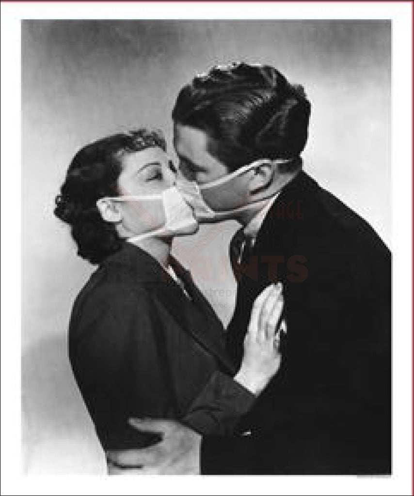 Social Distancing, Lovers kissing with mask on to avoid the flu, 1937, Polio