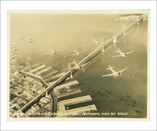 B-18A Aircraft Formation passing over Bay Bridge - WWII, photographic print - Vintage Art, canvas prints