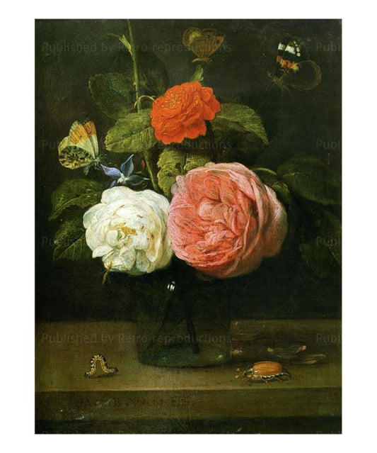 Bouquet de Roses with Papillons and Insects - Vintage Art, canvas prints