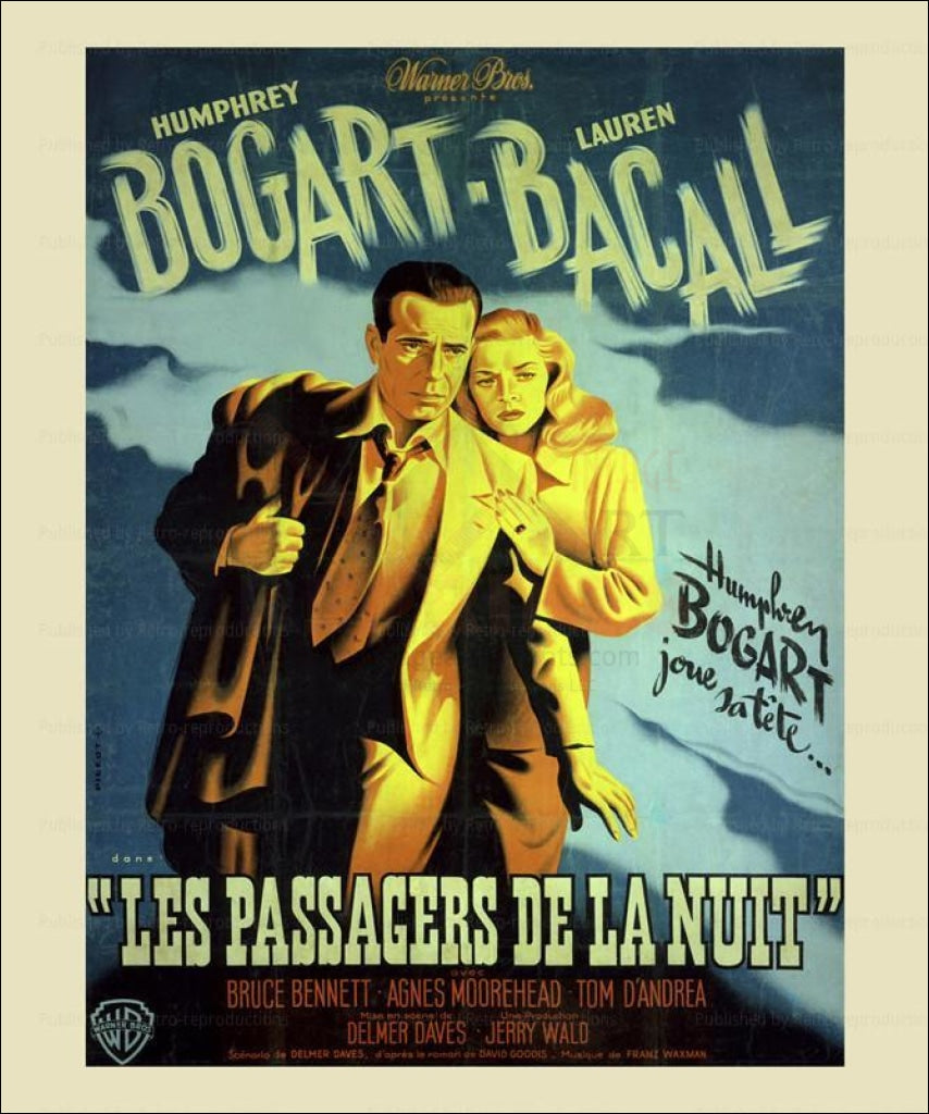 Dark Passage, 1947, Humphrey Bogart, Lauren Bacall, digital giclee print reproduction - Vintage Art, canvas prints