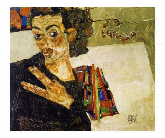 Canvas prints, Egon Schiele, Autoportrait les doigts ecartes avec un recipient noir en terre 1911, Art print - Vintage Art, 