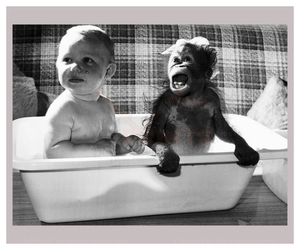 Photographic Print, A bath With A Little Friend, children, baby monkey - Vintage Art, canvas prints