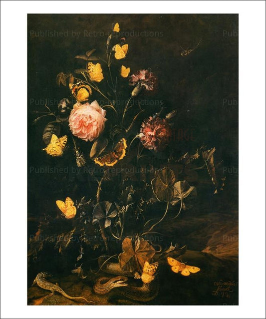 Still Life with Flowers, Insects and Reptiles - Vintage Art, canvas prints