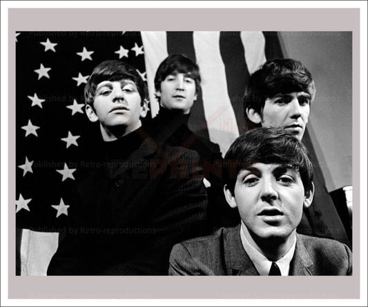 The Beatles in America black & white photo with american flag vintageartreprints.com